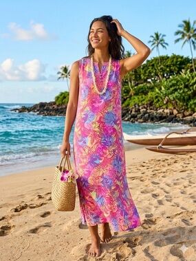 Blueginger Long Dress Batik Floral Hawaiian Print Pink Sleeveless Maxi Rayon